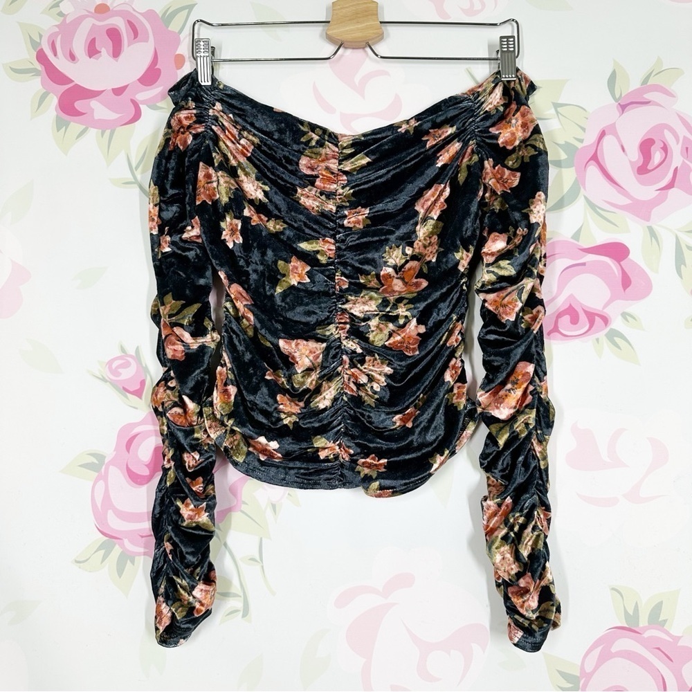 NEW Free People Reina Velvet Blue Pink Ruched Off The Shoulder Crop Blouse S - Picture 10 of 10